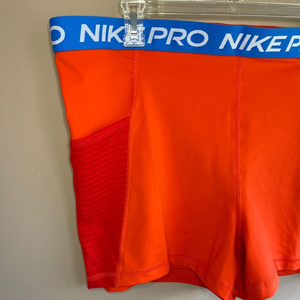 NWT! NIKE PRO SHORTS, XXL, DRI-FIT, 3", Orange / Blue Spandex - Picture 3 of 7